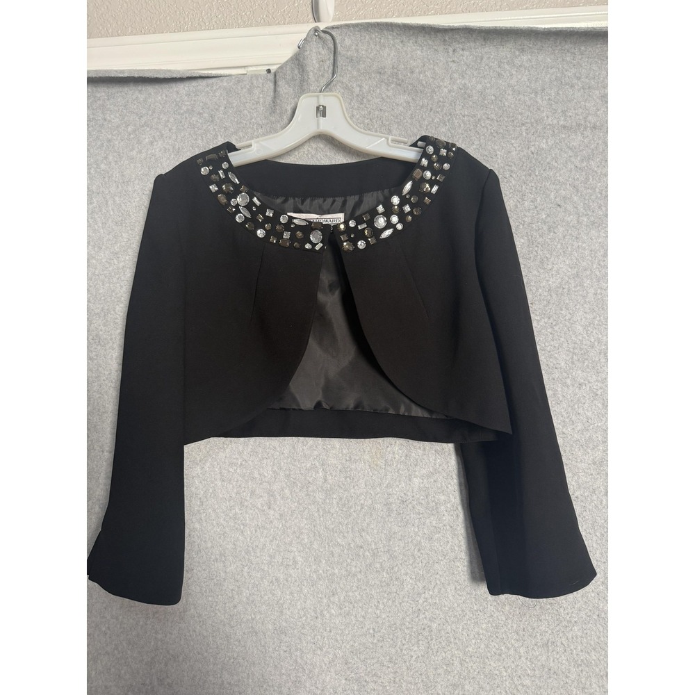 Jessica Howard Jacket Womens 8 Black Rhinestone Neck Open Front Party Bolero